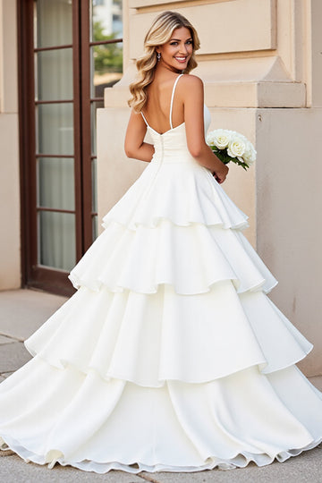 Ivory A Line Spaghetti Straps Tiered Wedding Dress